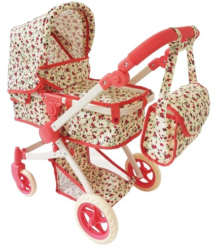 Convertible Combo Baby Doll Stroller for 3 Year Old Girls & Up | Play Toy Baby Stroller for Dolls, Folding Adjustable Bassinet Carriage Buggy with Storage Basket Converts to Sit Up Pushcart Pram, Red