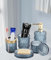 Qivine 5 Teilig Badezimmer Zubehör Set, Blau Zahnputzbecher Seifenspender Set mit Wattestäbchen Behälter, Moderne Seifenspender Glas von Seifenschale