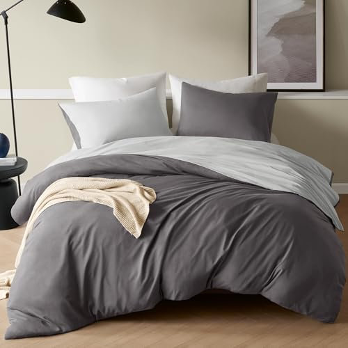 Degrees of Comfort Bettwäsche 155x220 2teilig grau anthrazit, bügelfrei Bettbezüge mit Reißverschluss - zweifarbiges Bettwäsche Set aus gebürsteter Mikrofaser, 1 Bettbezug & 1 Kissenbezug 80x80