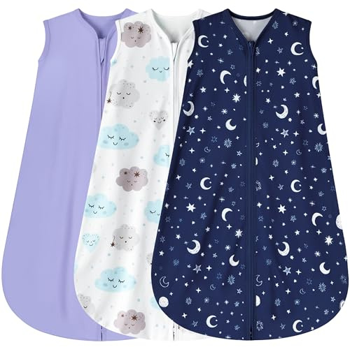 BSTOPPT 3-pack baby sovsäck 6-12 månader 100 % Rayon bomull baby sovsäck 2-vägs dragkedja småbarn bärbara filtar bekväma stretchiga lätta sovsäckar för spädbarn (lila och moln och stjärnhimmel)