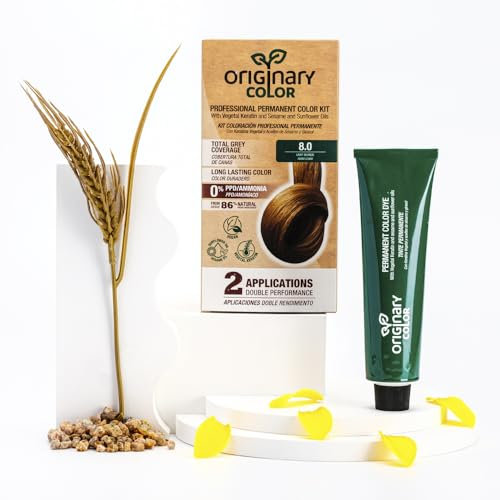 Originary Color - Kit de coloration permanente professionnelle, couleur 8-0 blond clair 100 ml + crème oxydante 100 ml + shampooing 30 ml | Formule sans ammoniaque ni PPD