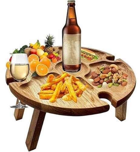 Torribaly Tragbarer Picknicktisch, Mini Campingtisch Rund Gartentisch Klappbar Snackbox, Couchbar Snackspender, Betttablett Sofatablett Tablett mit Füßen für Reisen Camping Picknick Strand, 24cm