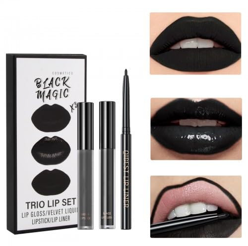 3 Pezzi Rossetto Nero Lunga Durata Set, Rossetto Liquido Opaco, Matita per Labbra, 3 In 1 Kit Trucco Labbra, Kit Lucidalabbra Lunga Durata Impermeabile per Cosplay Halloween Natale