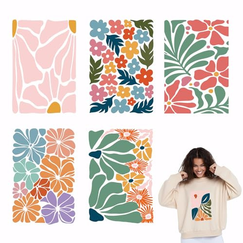 SUPERDANT 4 pegatinas minimalistas de flores para planchar para ropa, flores, transferencia de calor, parches para planchar, estilo ilustrativo, transferencias de decoración, para ropa, sudaderas con