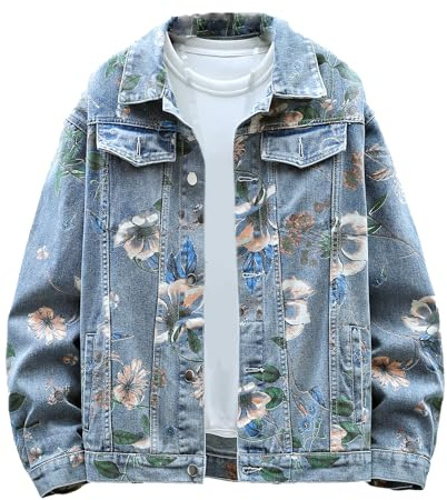 GMOYD Herrjacka med blommigt tryck, par, överdimensionerad jeanskappa, unisex, basjacka, BLÅ, S