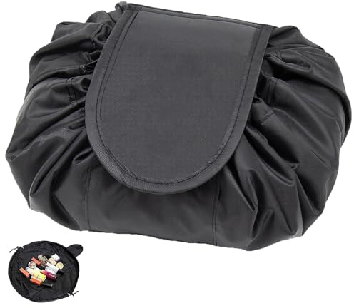 Lazy Drawstring Makeup Bag, Lay Flat Makeup Bag, Large Capacity Travel Cosmetic Bag, Waterproof and Portable Makeup Bags, for Women and Girl (Black)