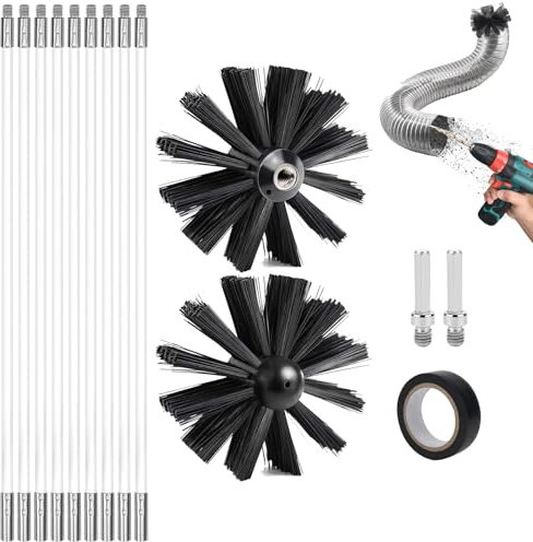 14PCS Kaminbürste Stange Set,9 Ofenrohrbürste Nylon 41 cm, 2 Schornsteinfeger Bürste 150cm,2 Sechseckige Pole,1 Roll Schwarzes Band,Verwendbar mit Akkuschrauber,Kaminbesen für Kamin, Rohre,Trockner