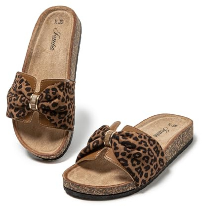 JOMIX Ciabatte Donna Estive Sandali Bassi con Fascia Decorato con Fiocco Pantofole da Estate per Spiaggia e Tempo Libero WCF250717 Leopardato 39