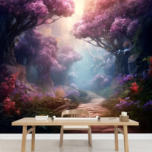 Kuletkear Wall Mural Forest Tree Fantasy Large Wallpaper Landscape Purple Art Decor Paintings Removable Peel and Stick Sticker, Nursery Bedroom Living Room Decor Mural 300x208cm