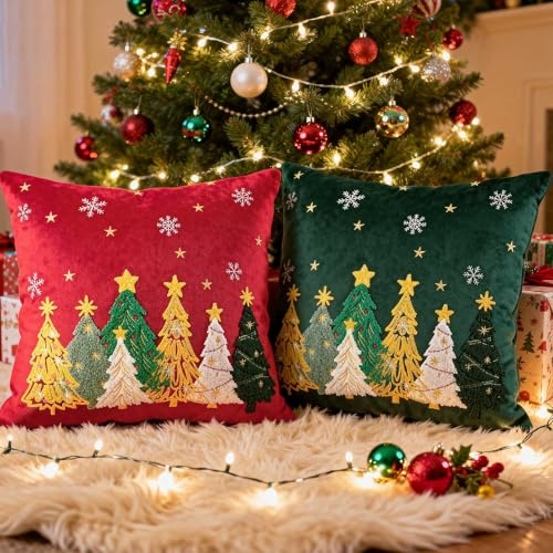 Lanpn 45x45 Christmas Cushion Covers Set of 2, Embroidery Cute Christmas Tree Decorative Holiday Pillowcase Pillow Case Pillow Cover 45 x 45 for Indoor Home Bedroom Sofa Couch Xmas Decor