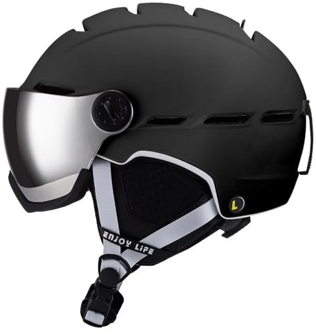 Skid- och snowboardhjälm, integrerat UV-visir, tryckknappsventilation, högt stötskydd, lätt, örondynor, klicka för att justera storlek, män, kvinnor och barn. (Svart, XL)