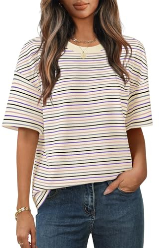 Cuptacc Tee Shirt Femme Manche Courte T Shirt Rayé À Col Rond Tunique Chic Et Elegant Haut Ample Top Femme
