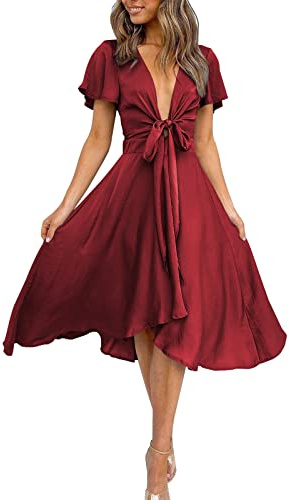 miduo Womens Satin Dresses V Neck Ruffle Short Sleeve Tie Front Fashion High Waist Midi Skater Dresses Cocktail Bridal Wine S