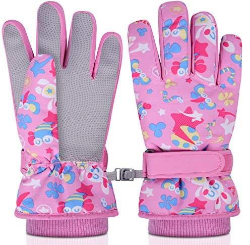 flintronic Guantes Niños Invierno Cálido, Guantes de Esquí Invierno para Niños, Guantes de Nieve Impermeables para Invierno, Guantes para Esquí al Aire Libre para Niños Ciclismo, Patinaje-Rosa/M
