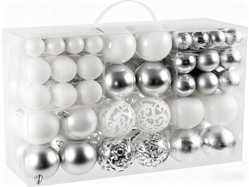 Weihnachtskugeln Silber Weiß, ilauke 100tlg Christbaumschmuck aus Kunststoff - Ø3|4|6cm Matt/Hochglanz (100% Riesel-Frei) Sicher für Haustiere, Elegante Weihnachtsbaum Deko für Innen & Außen