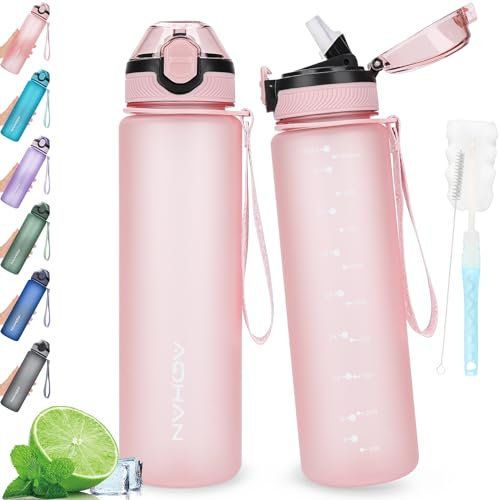 AOHAN Water Bottle 1L with Leak Proof Flip Top Lid, BPA Free Sport Drinking Bottle with Straw, Dishwasher Safe Water Bottle Non-Toxic Water Jug with Carrying Strap