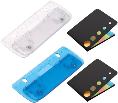 Set 2er Taschenlocher Mini zum Abheften mit Haftnotizen Haftstreifen Mini-Taschenlocher zum Einheften, für 8 cm Lochung mit 12 cm Skala, für Schule Büro Haushalt, Farben Durchsichtig Blau