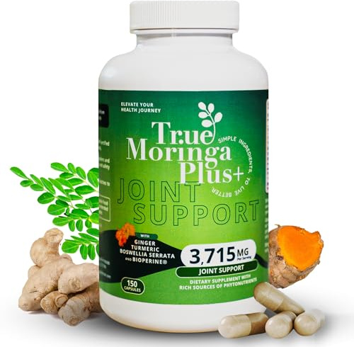 True Moringa Plus+ Joint Support Supplement 10:1 Extract | 20,000mg of Organic Moringa, Turmeric Curcumin, Ginger, Boswellia, BioPerine | Extra Strength Herbal Antioxidant for Adults (150 Capsules)