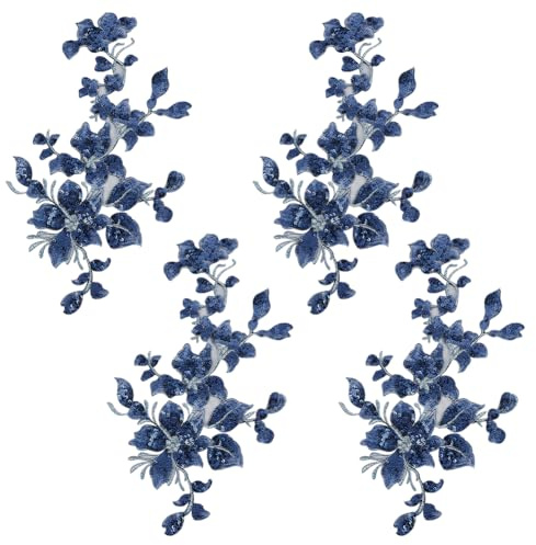 HOBBIESAY 4 pezzi ricamati con paillettes, applicazioni in pizzo, foglie blu, fiori, toppe in poliestere, decorazioni floreali, decorazioni per il cucito, per il fai da te