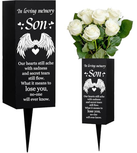 WEBEEDY Son Cemetery Vases Metal Grave Vases with Spike Wings Heart Memorial Vase Black Sympathy Cemetery Memory Sign Funeral Happy Heavenly Birthday, 8x20 cm (in Loving Memory Son), 1 Pcs