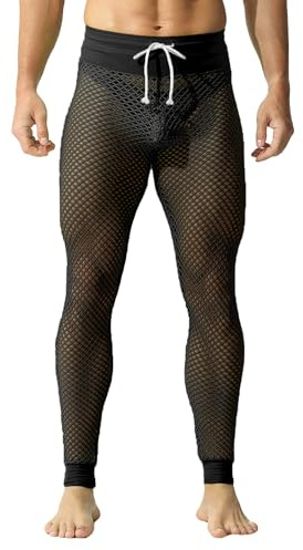 YOOBNG Mens Mesh Activewear Leggings Fishnet Long Pants Stretchy Tight Pants with Drawstring Black