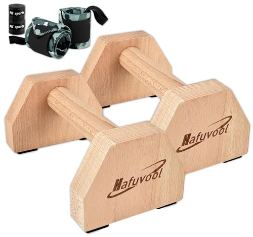 Hafuvool Wooden Parallettes Bars, Solid Beech Wood Push Up Handles Bars Board with Wrist Wraps, Non-slip Press Up Handles Bars Calisthenics Gymnastics Equipment for Strength Training
