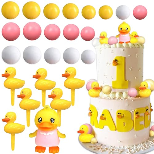 Shamoparty 25 piezas de decoración para tartas de pato rosa y amarillo, accesorios para tartas de cumpleaños, baby shower y fiesta temática
