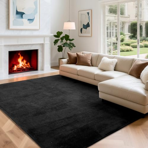 Wohnzimmerteppich, Kurzflor Teppiche Wohnzimmer Deko Flauschiger Weich Waschbarer & Anti-Rutsch Modern Einfarbiges Teppich für Schlafzimmer, Kinderzimmer, Bettvorleger Matte, 140x200cm, Schwarz