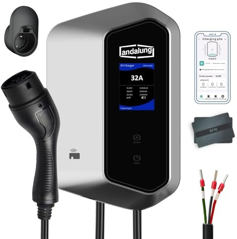 andalung Caricatore EV 7kW, 200-250V monofase, Tipo 2, 6-32A, Cavo da 10 m, WiFi e Bluetooth, IP65, Adatto per Tutti i Veicoli elettrici