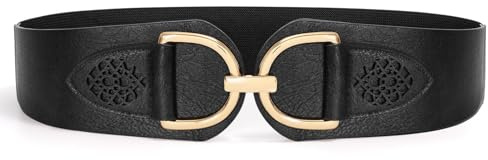 VONMELLI Vintage Cintura Elastica Donna con Larga Fibbia Grossa Ampie Cinture Elastiche In Vita Larga Moda Retrò Cintura Donna per Abiti Cappotti Nero con fibbia d'oro L