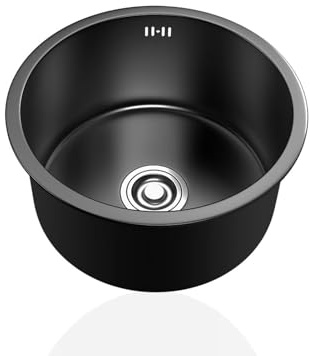 Mini Evier de Cuisine Noir,Petit Evier Inox Rond,éVier Cuisine 1 Bac,Lavabo Cuisin pour Caravane,Bar,FaçOns D'Installer Sur Le Plan et Sous Plan (Ø 36cm)