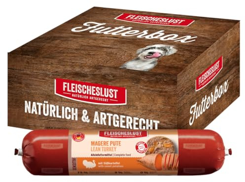 Fleischeslust Salsiccia per cani, tacchino magro con patata dolce, contenitore per cibo (6 x 800 g), sensibile, cibo umido, resistente al taglio, senza cereali, mangime completo per cani adulti