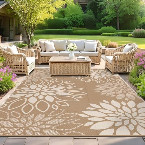 SHACOS Tappeto da Esterno Impermeabile Reversibile, Tappeti Esterno Grande Plastica Leggera, Resistente Ai Raggi UV Tappeto Giardino per Campeggio Camper, Fiori Marrone, 150 X 240 cm