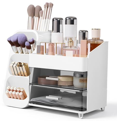 BTGGG Makeup Cosmetic Storage Box with Drawers & Makeup Brush Holder, Premium Countertop Organiser for Skincare, Lipstick, Beauty Products & Jewelry for Bathroom Bedroom Birthday Gift (White)
