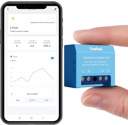 Xeefeel PM Mini WiFi - Contador de corriente inteligente, 1 canal, 16 A, sin interruptor de relé, medición de potencia, contador de energía en tiempo real