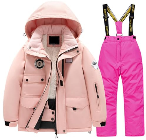 Generisch Combinaison de ski pour enfant - Veste polaire - Pantalon avec poches - Combinaison d'hiver coupe-vent pour snowboard - Activités chaudes de neige, Rose, 10-12 ans