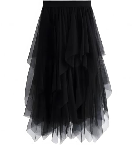Adorling Falda de Tul Larga Mujer Negra – Falda Maxi Asimétrica con Cintura Alta Elástica, Capas de Malla, Antiarrugas, Elegante para Fiesta y Diario