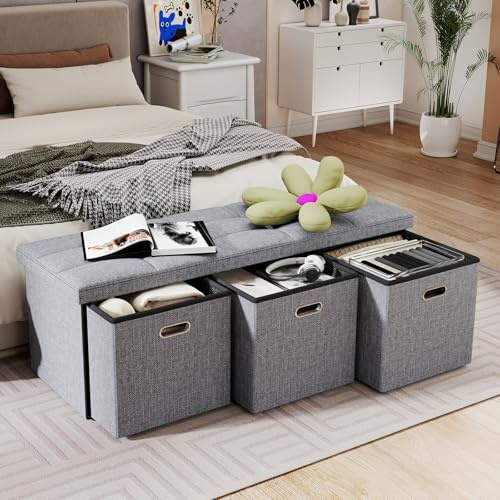ZEUKMXOO 43 Inches Folding Storage Ottoman Bench with Drawers,End of Bed Foot Rest Stool with Padded Seat，Bedroom Bench for Living Room,Bedroom,Support 660lbs,Grey