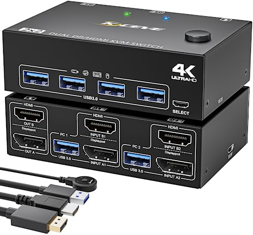 YOUTINGHDAV KVM switch 2 PC 2 bildskärmar displayport HDMI | USB 3.0 Dual Monitor KVM Switch DP HDMI-delar 4 USB 3.0-portmus, tangentbord, 4K@60 Hz, Wired Remote (4K DP HD 2 i 2 ut KVM)