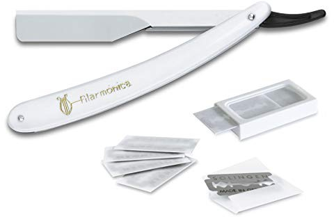 FILARMONICA Navaja Afeitar Barbero con Dispensador de Cuchillas Set de Peluquería Profesional con Navaja de 24 cm (9,4) de Acero Inoxidable para Barbero Peluquero, Blanco