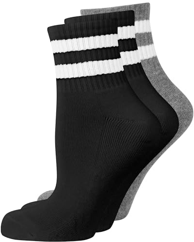 Nur Die Pack de 3 calcetines cortos de tenis retro con rayas de algodón transpirable para mujer, negro/gris, 39-42