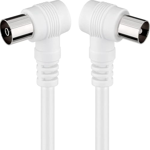 10 meter full HD-TV-kabel, koaxialkabel, antenn, vinklad 90 grader, för TV och radio, manliga till kvinnliga kontakter, rak vit kabel