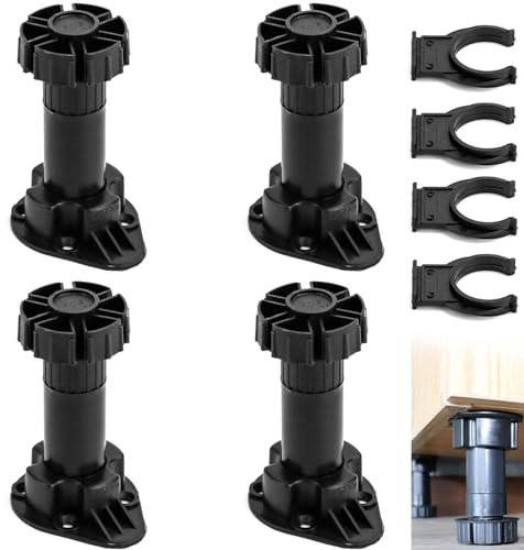 ANBOO Lot de 4 Pied de Meuble Noires, 100-120mm Pieds Meuble Cuisine Réglables en Plastique, Pied de Meuble Reglable pour Table, Lit, Canapé, Cuisine, Armoire