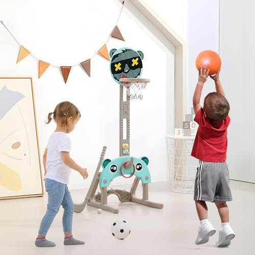 Småbarn basketring och stativ set 5-i-1 justerbar basketställning med fotbollsmål, golf, ringkast, musikspelare sportaktivitetscenter för småbarn barn inomhus och utomhus (grön)