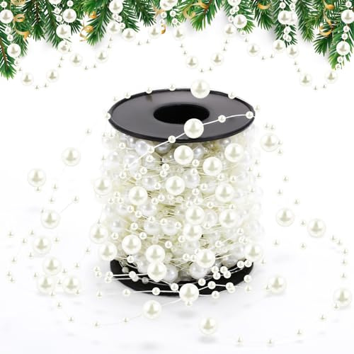 Pangda 65.6Ft Artificial Pearl Beads Garland Plastic Beaded String Strands Chain Ornament Roll for DIY Craft Christmas Tree Wedding Valentines Party Decoration Floral Centerpiece Supplies(Ivory)