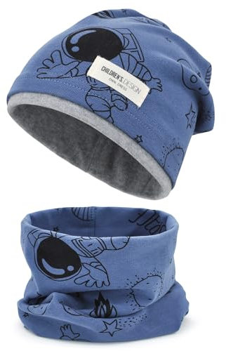 beifon Kinder Beanie Mütze & Loop Schal Set, 95% Baumwolle Mütze Schal Set Mädchen Jungen 2-8 Jahren, Schlauchschal Warme Wintermütze Strickmützen für Herbst Winter Frühling(Blau)