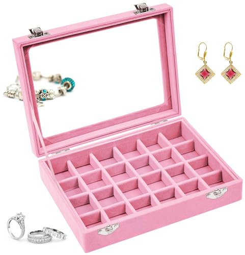 AMJKEJI Scatola Portagioie con 24 Scomparti, Contenitore in Velluto per Gioielli, Griglie Regolabili Jewelry Organizer per Gioielli, Orecchini, Anelli, Collane, Bracciali (Rosa)