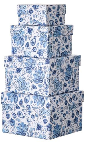 Briful Set of 4 Gift Boxes with Lids Square Gift Boxes for Presents Small Storage Box, Blue and White Present Boxes Assorted Sizes, Suitable for Gifts, Crafting, Toys, Gift Packaging Box