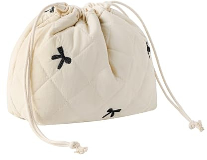 RSRSLEII Small Cotton Quilted Drawstring Makeup Bag, Cute Coquette Drawstring Cosmetic Bag with Canvas Lining, Aesthetic Travel Organized Toiletry Bags for Purse (Drawstring BeigeBow)