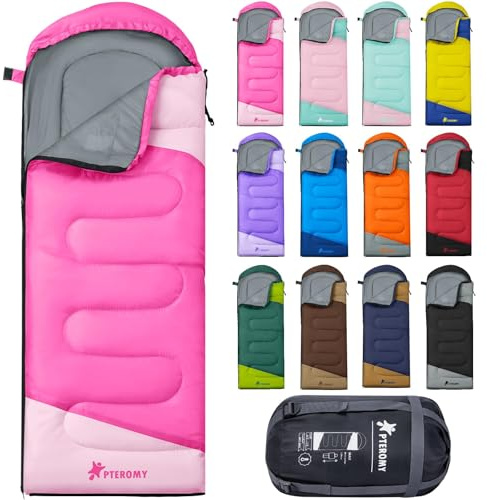 PTEROMY Sleeping Bags for Adults, Lightweight and Machine Washable, Water Resistant Backpacking Camping Sleeping Bag for Warm Cold Weather, Camping Essentials for Hiking Travel (Pink, 1.35kg)